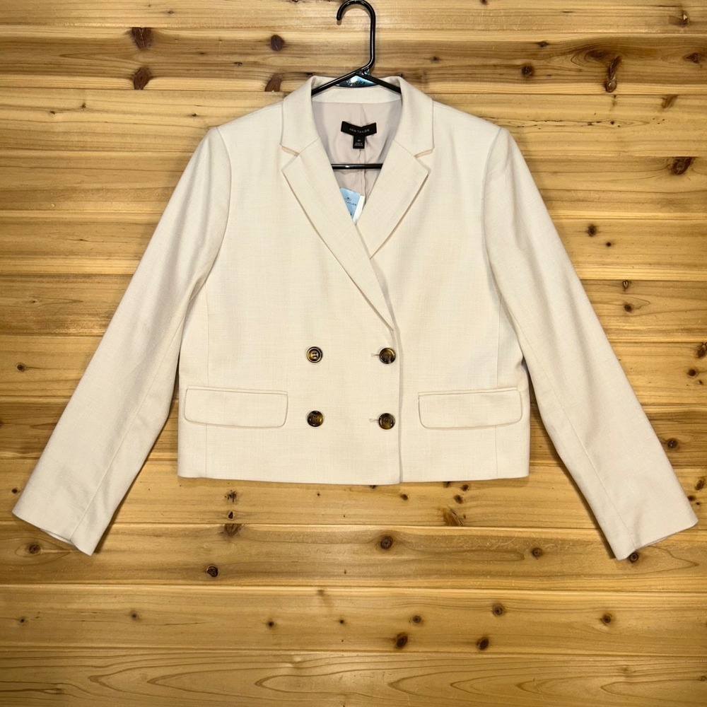 NEW Ann Taylor Blazer Womens 10P Ivory Double-Breasted Button Cropped Jacket